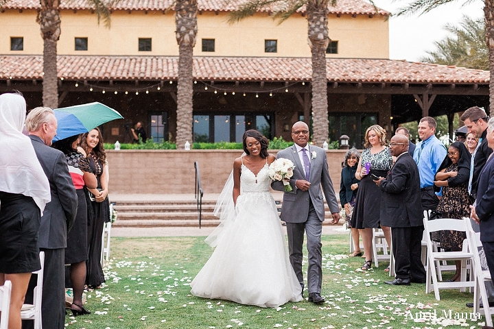 Tips for the Best Wedding Processional Order | Bride walking down the aisle with her father | Rainy Arizona wedding | Encanterra Country Club Wedding | Scottsdale Engagement Photographer | April Maura Photography | www.aprilmaura.com_3670.jpg