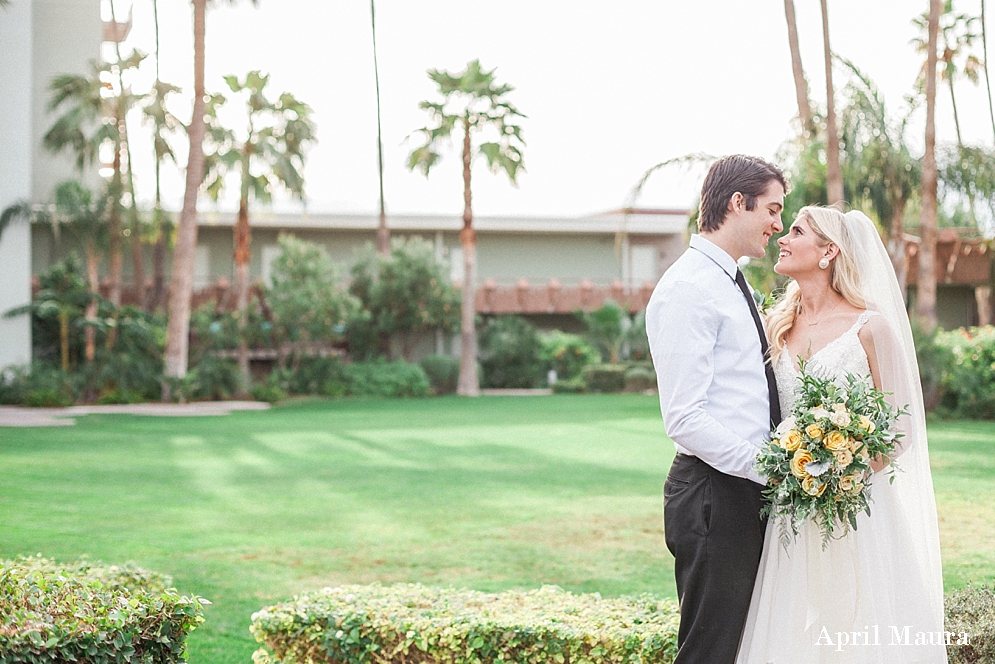 Soft Yellow and Garden Hotel Valley Ho Wedding Inspiration | Arizona destination wedding | groom looking at his bride | Scottsdale and Phoenix Wedding Photographer | April Maura Photography | www.aprilmaura.com_0059.jpg